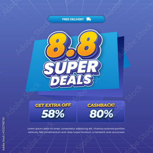 8.8 Super Sale discount deals blend soft blue gradient Editable text effect with simple grid style Pop up Cashback promo code Promotional banner flyer Template 