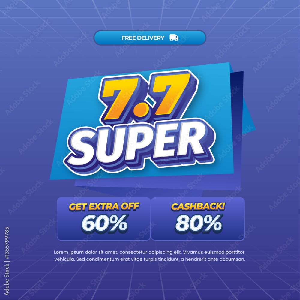 Fototapeta premium 7.7 Super Sale discount deals blend soft blue gradient Editable text effect with simple grid style Pop up Cashback promo code Promotional banner flyer Template 