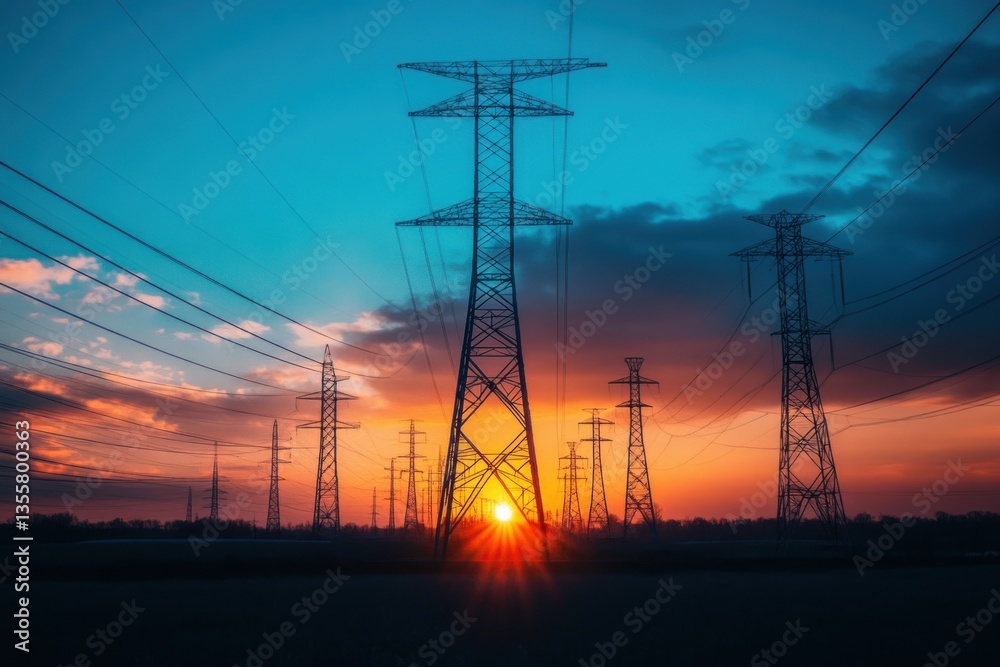 Fototapeta premium A cinematic view of power lines stretching into the horizon, pulsating with blue-green electricity, with a dramatic sunset sky in the background.