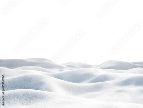 Beautiful winter snow landscape with smooth white snowdrift hills and clear horizon isolated on white background, peaceful frosty nature seasonal outdoor scene