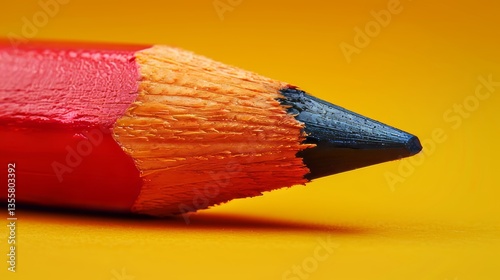 Close Up of a Red Wooden Pencil with a Graphite Tip, Set Against a Vibrant Yellow Backdrop