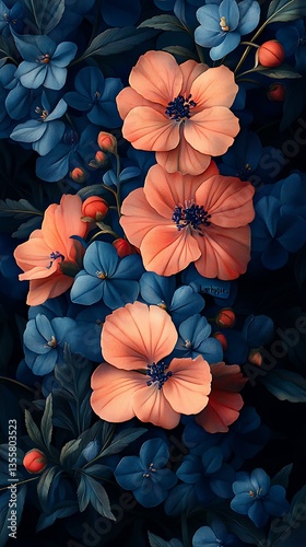 Stunning Floral Mobile Wallpaper Background Peach and Blue Blooms