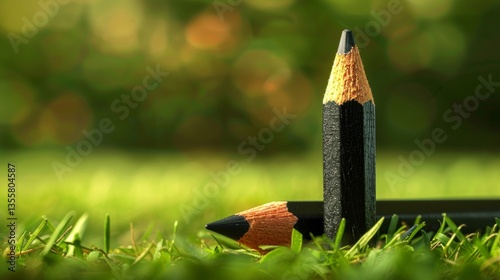 Two Black Pencils Standing Tall in Green Grass, Concept of Growth, Creativity, and Sustainability