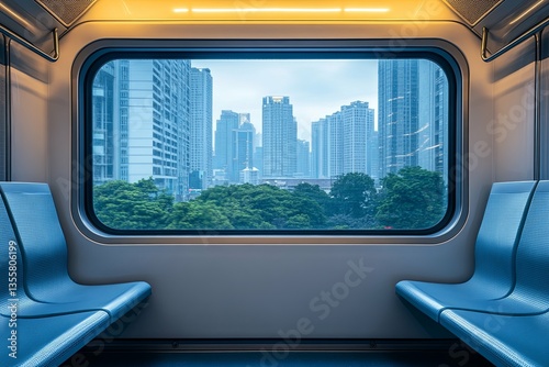 Interior of a train overlooking cityscape through a window