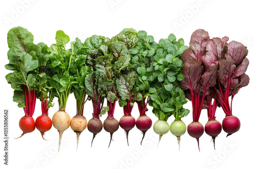 Colorful variety of fresh radishes and leafy greens on a white background.