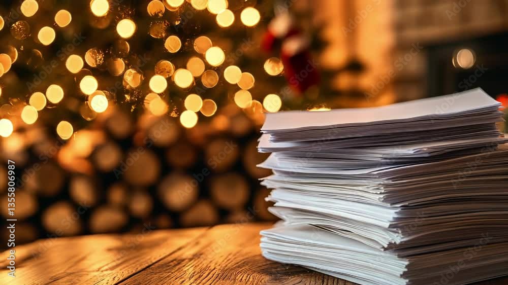 A cozy stack of papers with festive lights in a warm holiday setting.