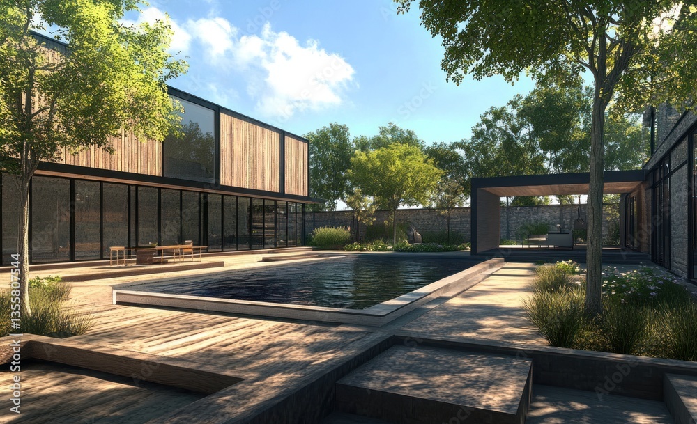 Modern house courtyard with pool and landscaping