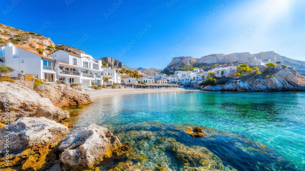 Fototapeta premium Idyllic Coastal Town Turquoise Waters White Houses Rocky Coastline