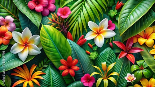 Vibrant tropical jungle background with colorful exotic flowers and lush green leaves. Perfect for summer, nature, and travel designs.