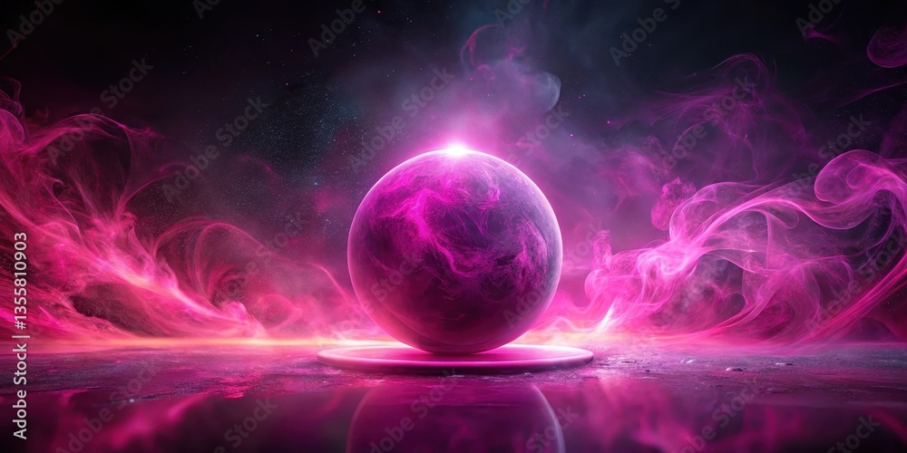 Obraz premium Mysterious Orb in a Pink Nebula, Glowing with Inner Light, on a Reflective Surface