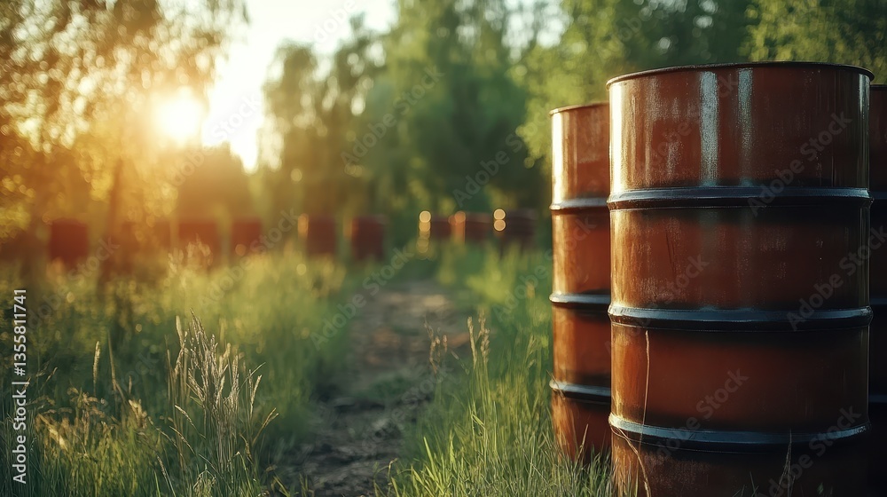 Abandoned Oil Barrels in a Sunlit Forest Setting Surrounded by Lush Greenery and Grass Abandoned Oil Barrels in a Sunlit Forest Setting Surrounded by Lush Greenery and Grass