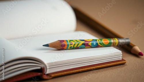 Colorful Pencil on Open Notebook with Artistic Design