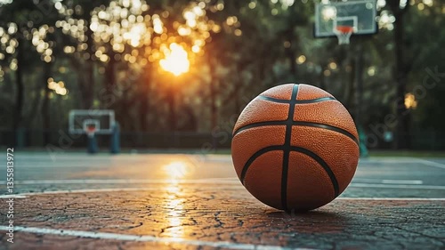 A basketball on a court basks in the golden light of a sunset.