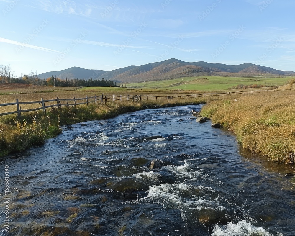 Fototapeta premium Scenic river flows past meadows and mountains under a blue sky, bordered by a rustic wooden fence