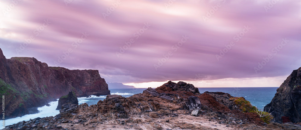 Beautiful sunrise colors in the coastal area of the Madeira island wilderness