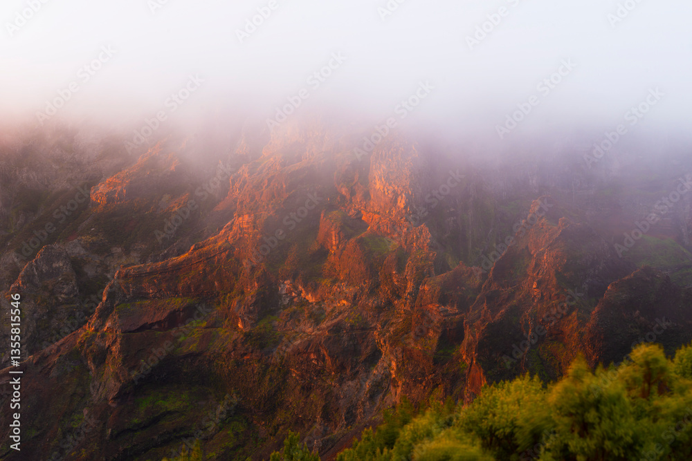 Beautiful sunrise colors in the coastal area of the Madeira island wilderness