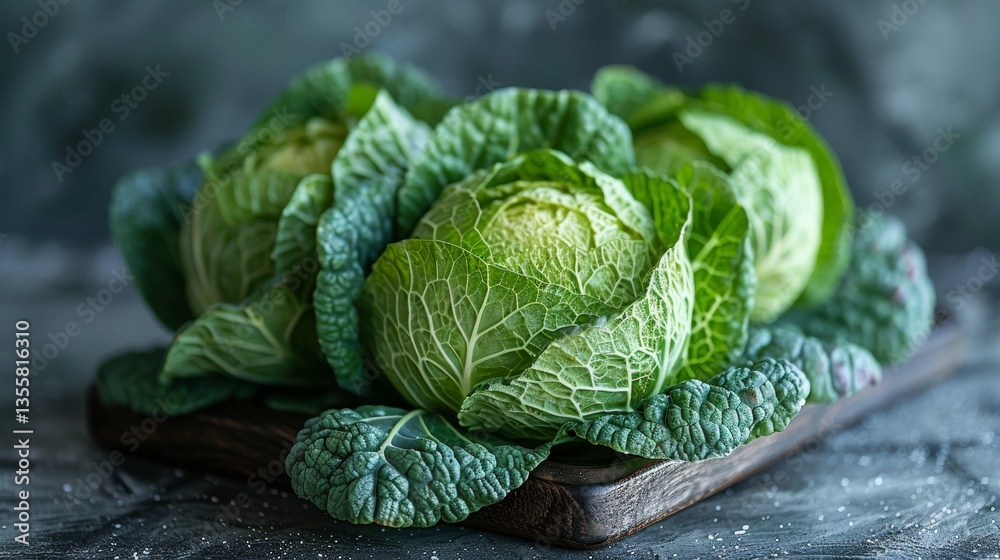 Fototapeta premium Fresh Green Savoy Cabbages Arranged on a Rustic Wooden Board, Perfect for Healthy Recipes.