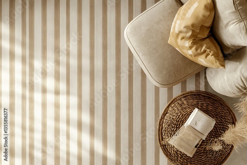 Beige striped room, sofa, wicker table, overhead view
