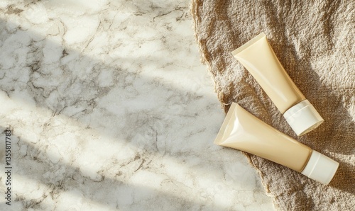 Two bottles of lotion are on a towel on a marble counter