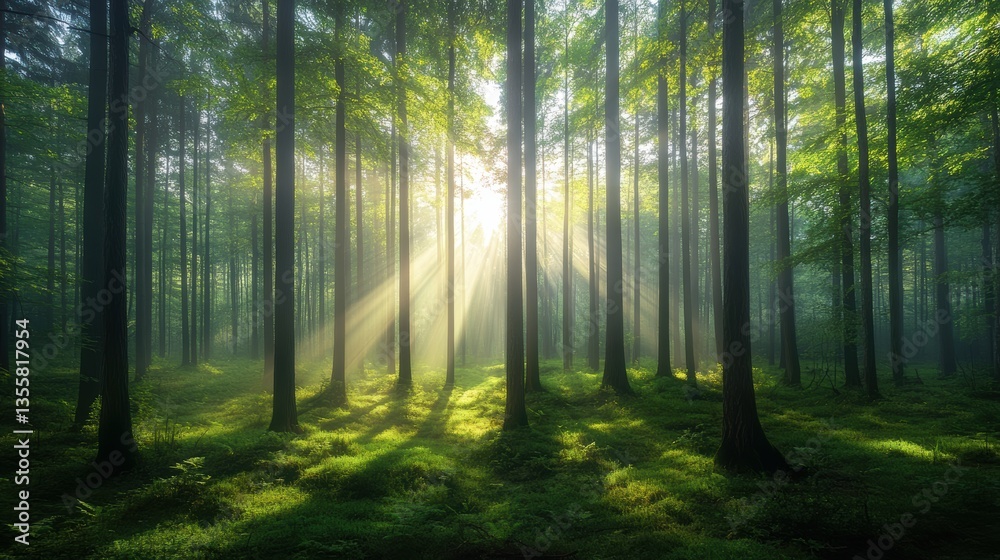 Fototapeta premium Mystical Sunrise in a Lush Green Forest: Beams of Light Piercing Through the Trees