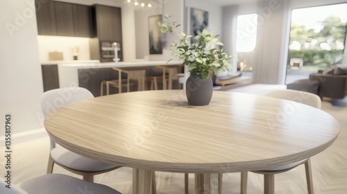 Elegant dining room setting with a round wooden table and minimalist decor