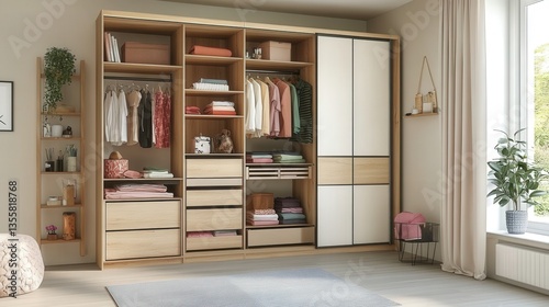 Organized wood closet interior with sliding doors, clothes & shelves in bright bedroom