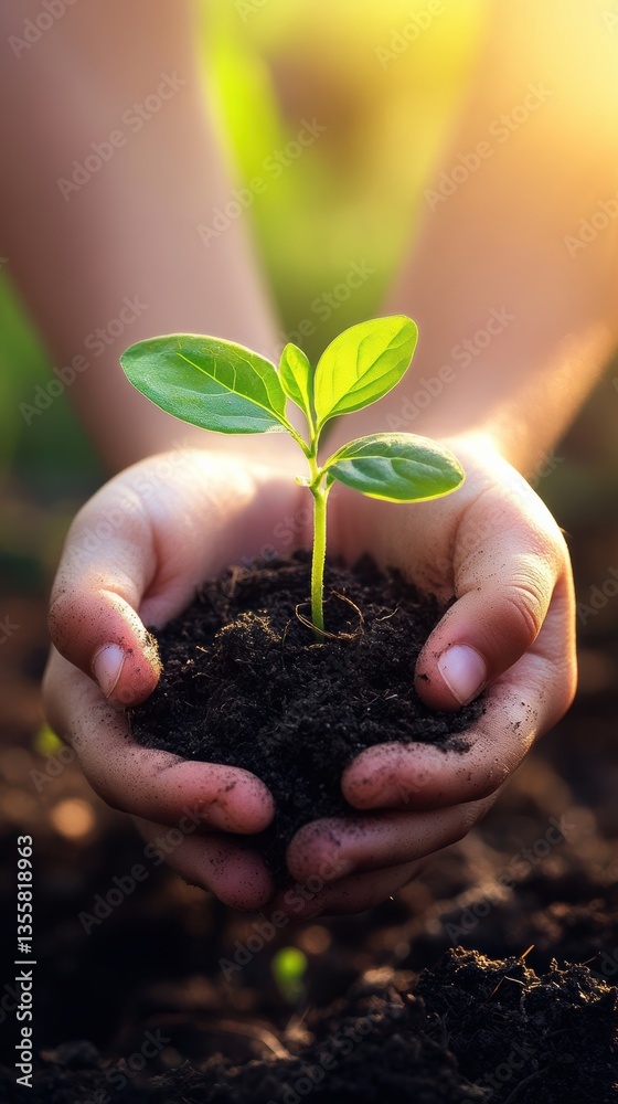 Tender Hands Protecting New Life A Seedling in Soil at Sunset Tender Hands Protecting New Life A Seedling in Soil at Sunset