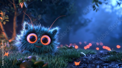 Cute Fuzzy Creature in Magical Forest Night Scene