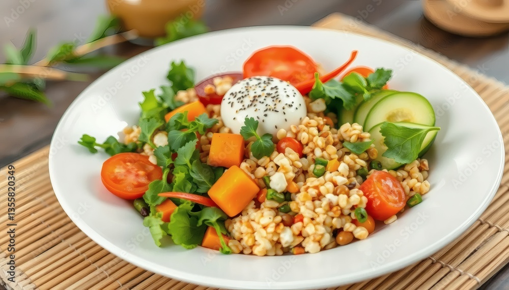 Salad with Couscous Egg Tomatoes Vegetables on White Plate Healthy Meal Salad with Couscous Egg Tomatoes Vegetables on White Plate Healthy Meal