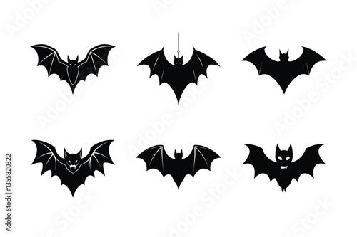 Six Silhouetted Bats Against a White Background