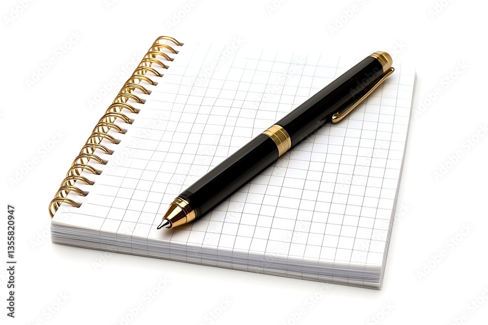 Elegant Pen Resting on a Spiral Notebook Isolated on White Elegant Pen Resting on a Spiral Notebook Isolated on White