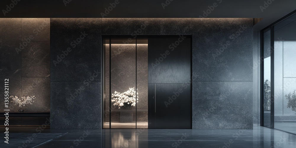 Sleek modern doorway features a glass panel and black door Sleek modern doorway features a glass panel and black door