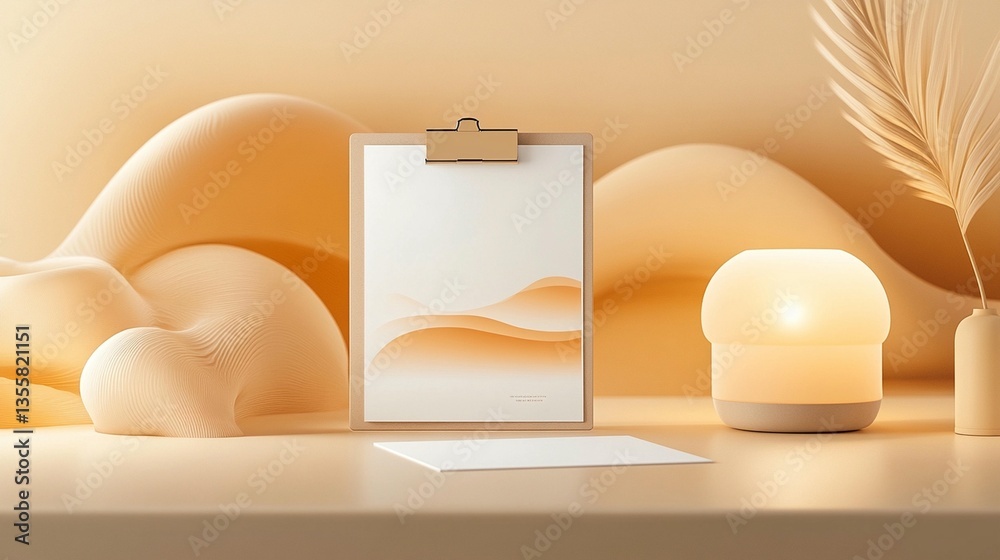 Fototapeta premium Beige aesthetic mockup with clipboard, card, lamp, and plant on a table.