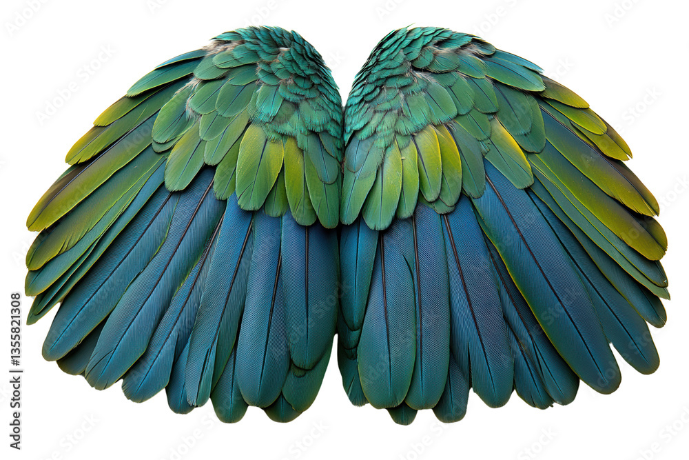 Fototapeta premium Vibrant green and blue feathers of bird wings, showcasing intricate details and textures on a white isolated background.