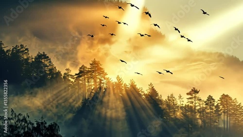 Birds flying over sunlit forest at dawn