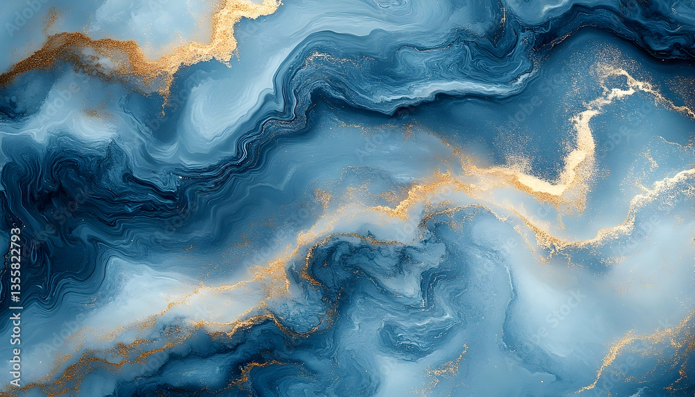 Fototapeta premium Abstract blue and gold marbled background with swirling patterns, ideal for design and decor use