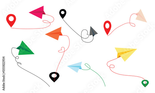 Realistic paper planes collection. Airplane icon set. Paper Plane doodle Vector Illustration. paper airbus icon set in red, yellow color. paper plane icon set. Plane sketch. Paper airplane symbol.