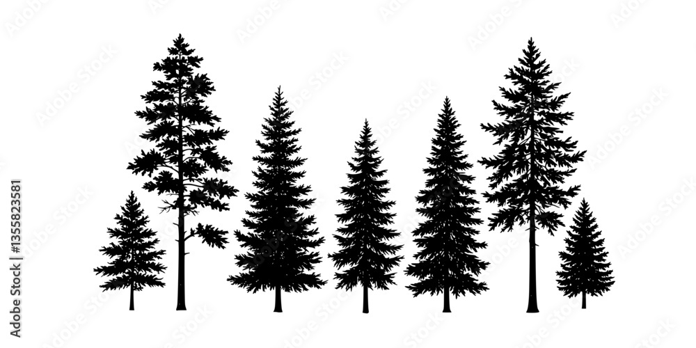 Fototapeta premium Pine tree silhouettes. Evergreen forest firs and spruces black shapes, wild nature trees templates. Vector illustration woodland trees set on white background