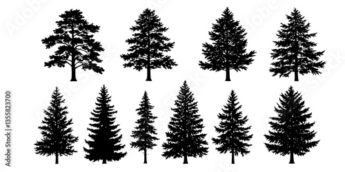 Pine tree silhouettes. Evergreen forest firs and spruces black shapes, wild nature trees templates. Vector illustration woodland trees set on white background