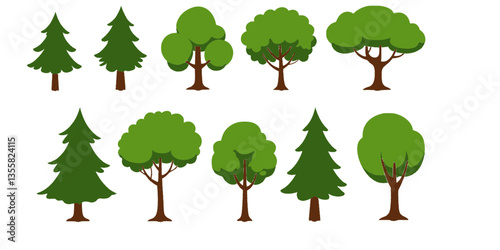 Cartoon tree. Simple flat forest flora, coniferous and deciduous meadow trees, oak pine Christmas tree isolated plants. Vector set illustration agricultural garden and nature park plant