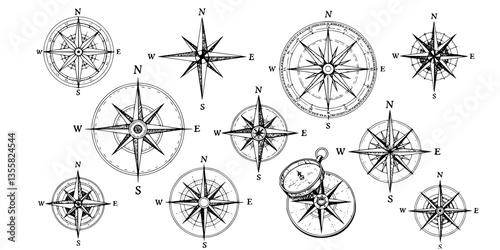 Wind rose. Map directions vintage compass. Ancient marine wind measure vector icons isolated. Isolated old sea or ocean navigation compass for ocean or marine retro cartography, boat or ship