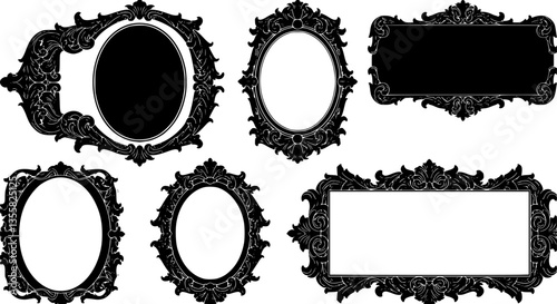 Black vintage frames. Hand drawn silhouettes of decorative square and round borders set for quotes. Elegant retro mirror and picture frameworks collection. Vector wall baroque decor