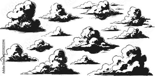 Vintage cloud. Sky sketch, hand draw black and white woodcut style isolated elements, retro line icon collection. Detailed fluffy engraving cloudscape, monochrome graphic vector pencil drawing