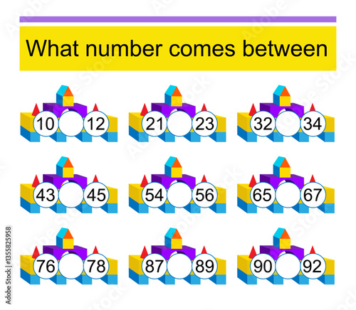 What number comes between? Math worksheets for children. Cartoon pyramid.