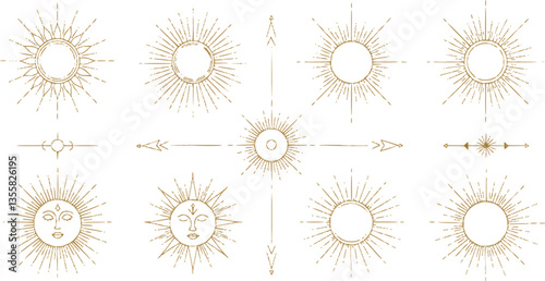 Sun boho logo, yoga icons. Sunset and moon celestial line elements, mystic zodiac eye, magic bohemian rainbow. Outline abstract elegant logotype. Bohemian golden minimal vector illustration