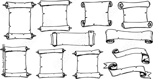 Scroll paper sketch. Ancient parchment roll and medieval epistle letters. Hand drawn antique manuscripts and papyrus. Isolated black and white empty sheets. Vector historical pages set