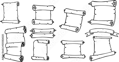 Scroll paper sketch. Ancient parchment roll and medieval epistle letters. Hand drawn antique manuscripts and papyrus. Isolated black and white empty sheets. Vector historical pages set