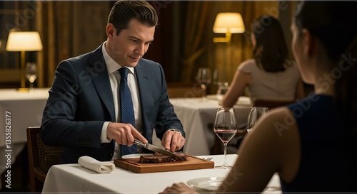AI generative Man slicing steak in a fancy restaurant