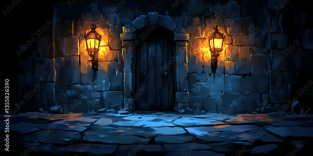 Fototapeta premium Pixel Art Dungeon Entrance With Lanterns