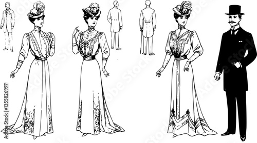Vintage people. Victorian woman or man. 19th century clothing. Lady dress old sketch drawing. Retro fashion style. 1900 France aristocrats. Dandy tuxedo. Vector nobleman characters set
